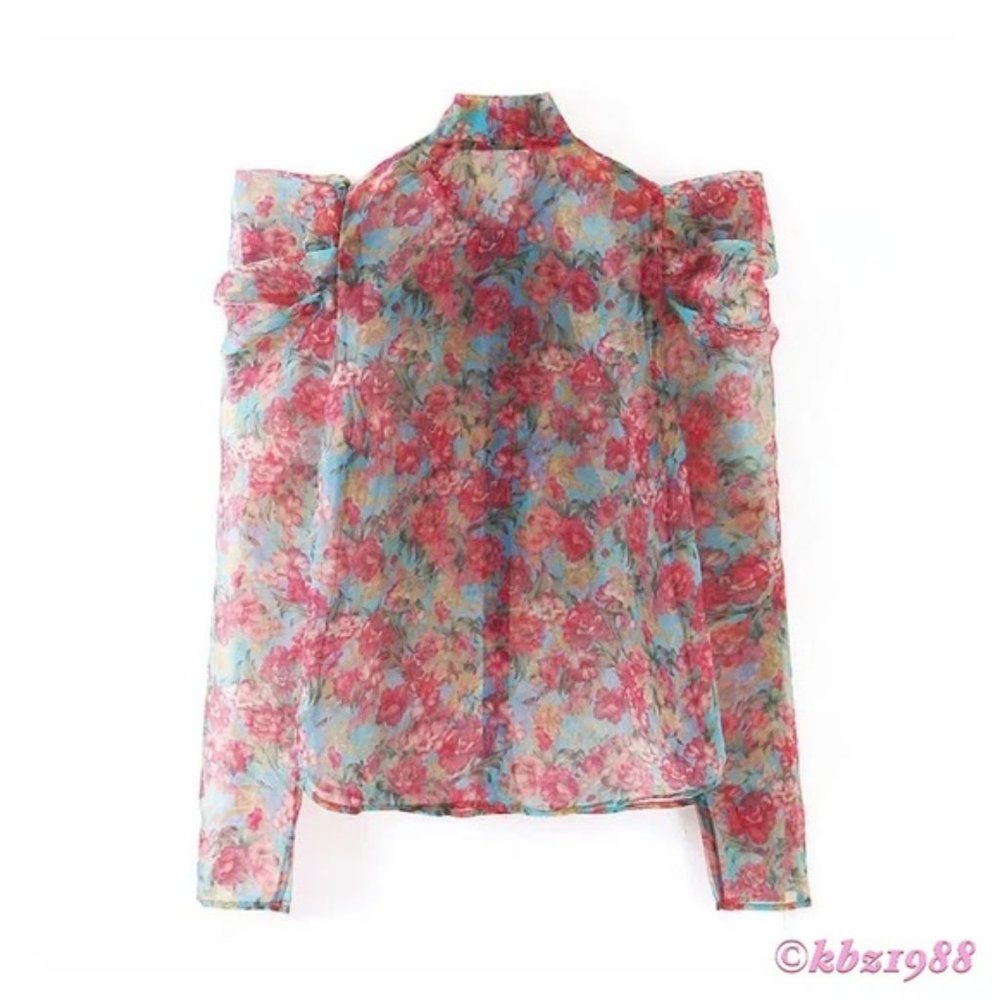 Brand New! Zara Puff Sleeve Statement Blouse Floral Organza Bow Tie Neck Pink - Picture 6 of 14